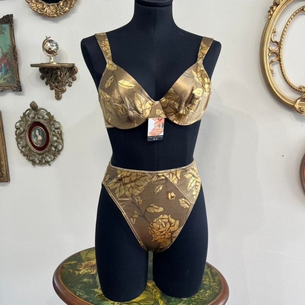 Vintage Victoria's Secret Second Skin Satin Gold Floral Bra Set 36B/L